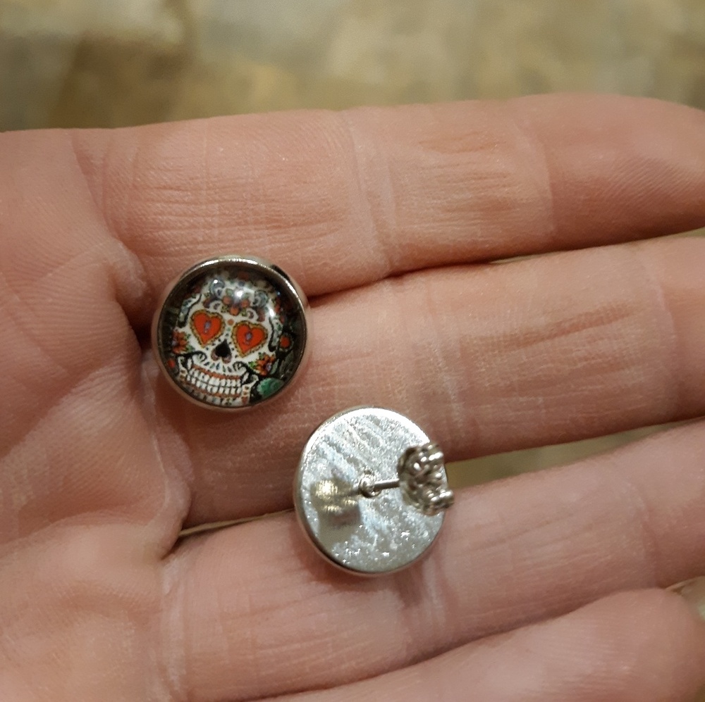 New Day of the Dead Sugar Skull Glass Cabochon Silver Stud Earrings.